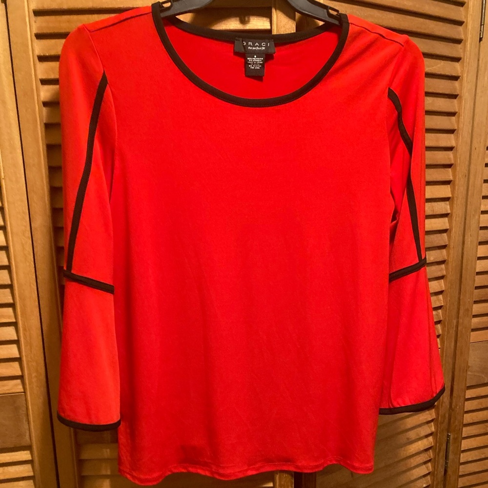 Grace Red Top with Black Piping & Bell Sleeve Top